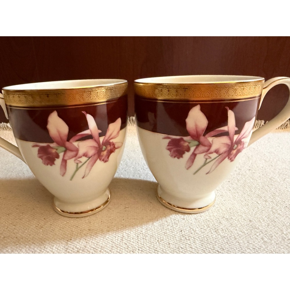 Mikasa Orchid Royal Fine China Tea Cup Set of 2 Burgundy Gold Floral - Picture 4 of 8